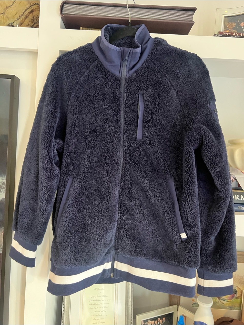 Figs Men’s S Navy Plush Zip-Up Jacket with White Stripes